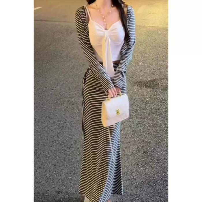 Spice Girl Pure Desire Sexy Suspender Vest Cardigan Women's Spring and Summer Nightclub Slim and Thin Striped Hip-wrapped Long Dress Three-piece Set