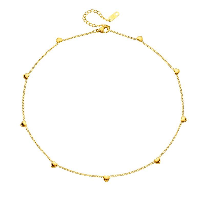 Gold Plated 3D Heart Station Chain Necklace, Stainless Steel Dainty Heart Pendant Choker, Waterproof Minimalist Jewelry for Women Gift