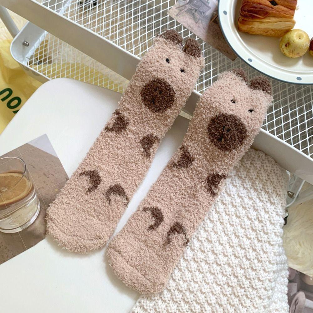 5Pairs Warm Coral Fleece Socks Plush Sleeping Socks Women Sweet Capybara Fleece Socks  Women
