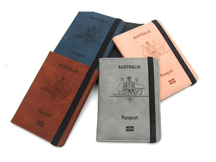 Australian Anti-magnetic Leather Passport Holder with Multi-card Slots and Elastic Band