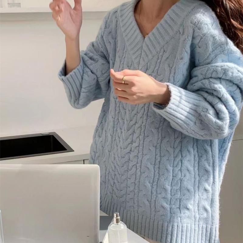 V-образный вырез ленивый ветровой свитер женский осенне-зимний комплект свободная верхняя одежда блузка утолщенный перекрученный вязаный свитер удобный универсальный модный One size светло-синий 2339₽