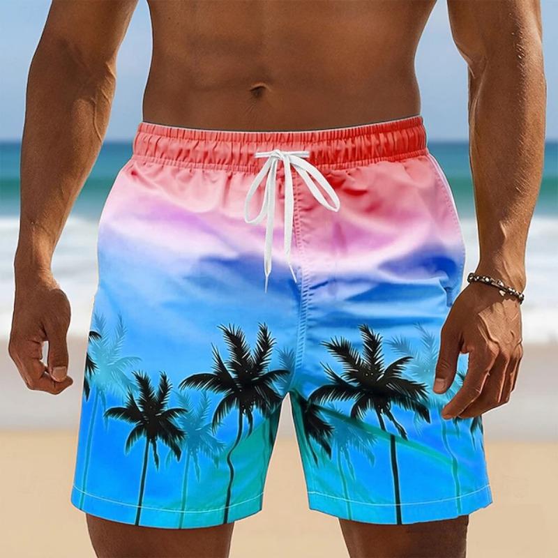 Tropical Gradient Beach Shorts For Men, Coconut Tree 3d Print Quick Dry Loose Swim Trunks, Casual Men's Drawstring Board Shorts