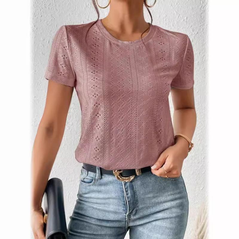 A New Summer Solid-color Short-sleeved Hollowed-out Casual T-shirt