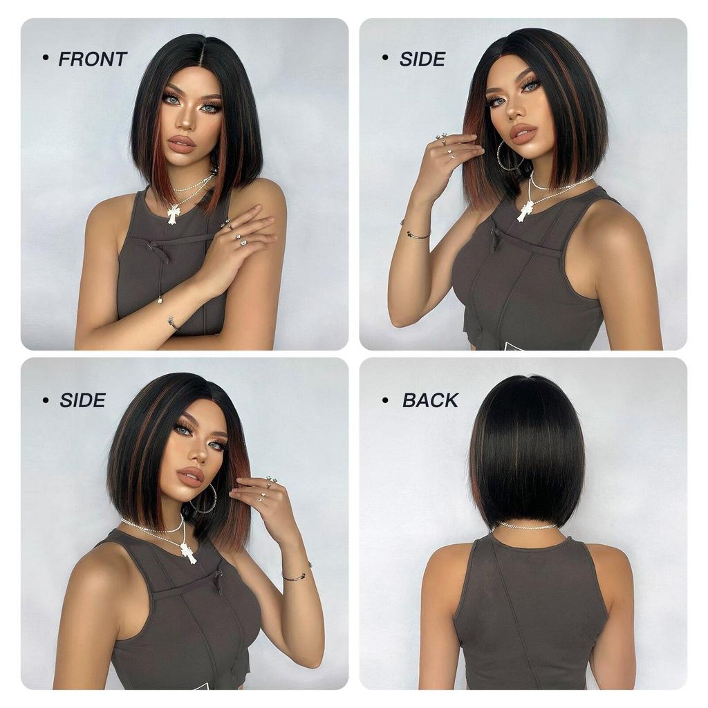 ALAN EATON Short Brown Highlight Bob Wigs Synthetic Hair Wig Women Natural Looking Mixed Brown Wig Heat Resistant Fiber Daily
