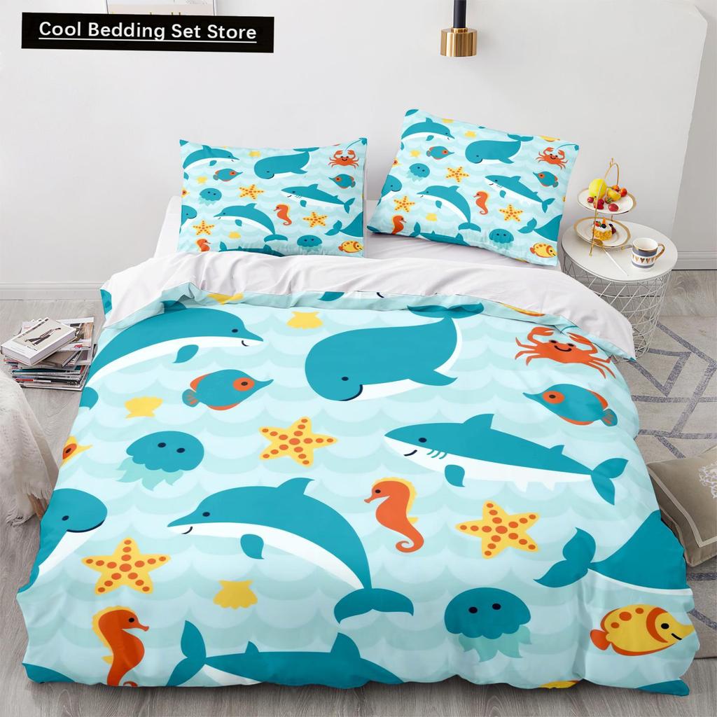 Underwater World King Queen Duvet Cover Cartoon Ocean Animal Bedding Set for Kids Fish Coral Sea Life Soft Polyester Quilt Cover