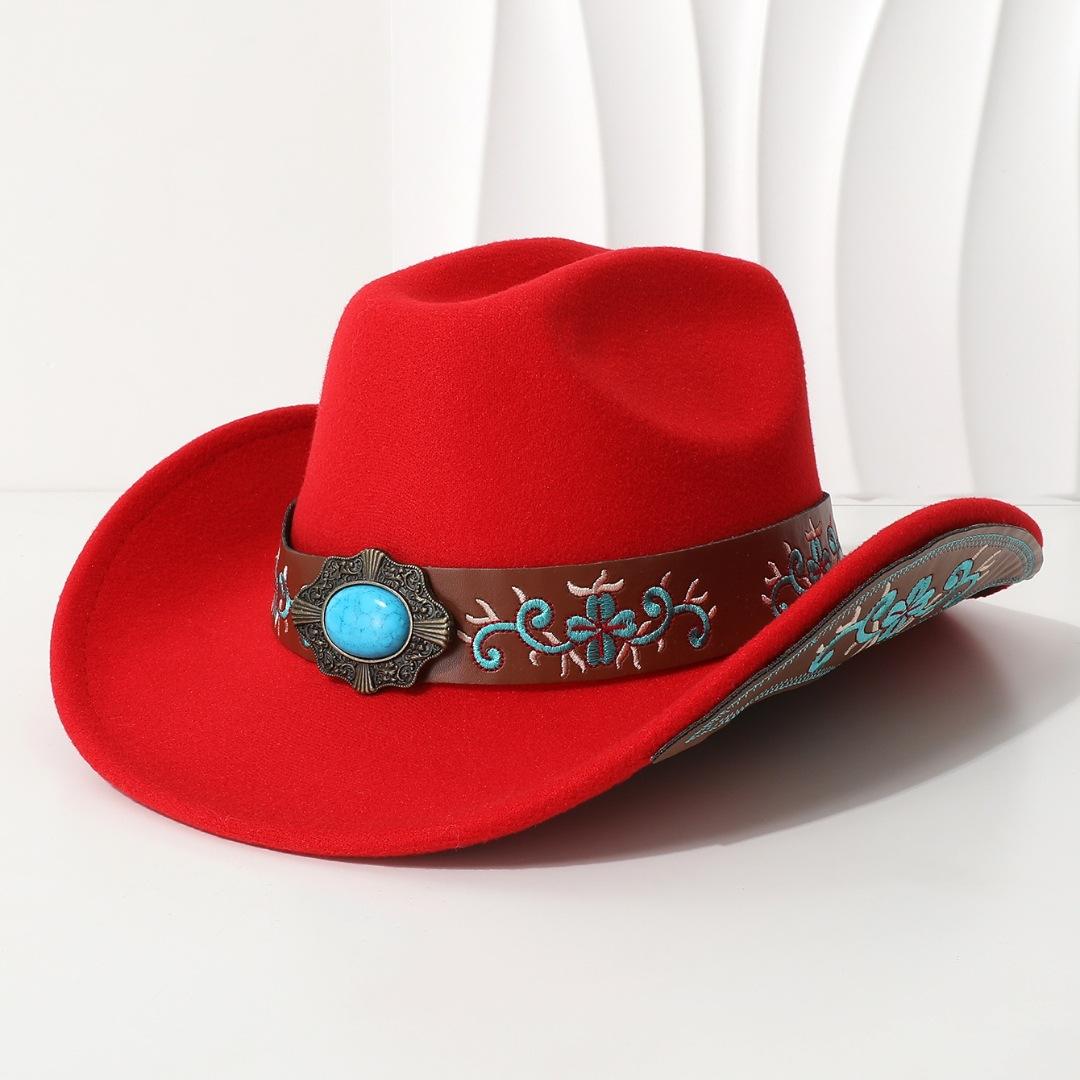 

Embroidered patch double-curved cowboy hat for men and women, fedora, jazz hat, riding hat, western cowboy hat with upturned brim Average Size червоний