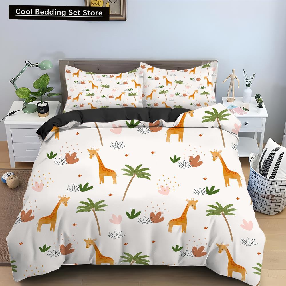 Cartoon Giraffe King Queen Duvet Cover Kids Girls Boys Animal Bedding Set Wildlife Quilt Cover 2/3pcs Polyester Comforter Cover