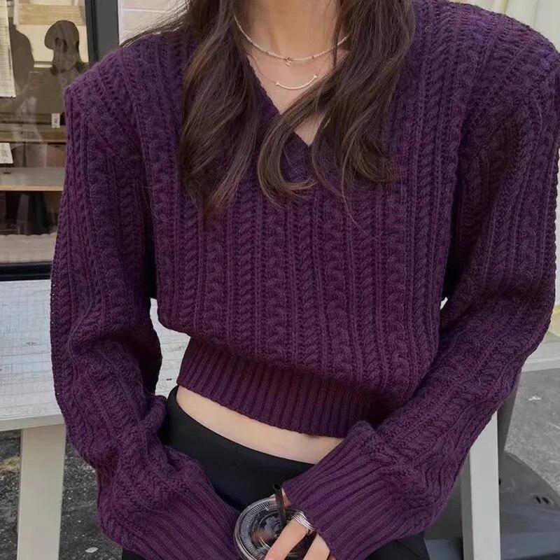 Herbst Gestrickte Twist Pullover Koreanische Mode V-ausschnitt Frauen Abgeschnitten Pullover Casual Pullover Schulter Gepolsterte Langarm Tops 28836