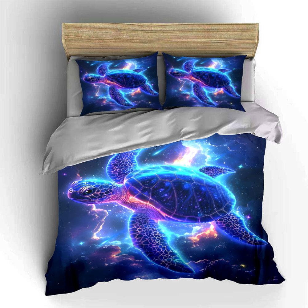 Neon Cosmic Sea Turtle Dream Print Bedding Set 1 Duvet Cover 2 Pillowcases for Adult and Children Luxury Gift Full Size
