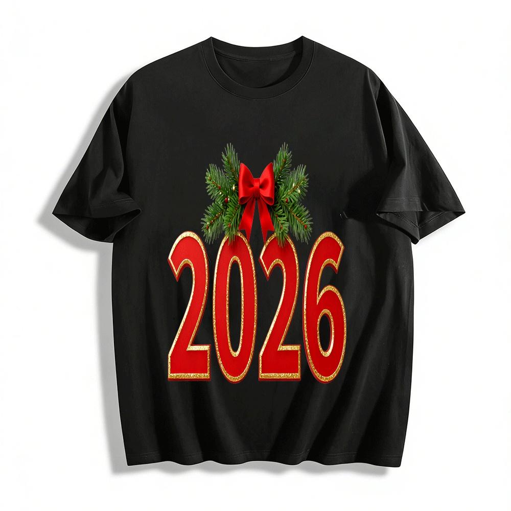 

2026 New Year Themed Red Gold Number Print Casual Top Pure cotton T-shirt XXS