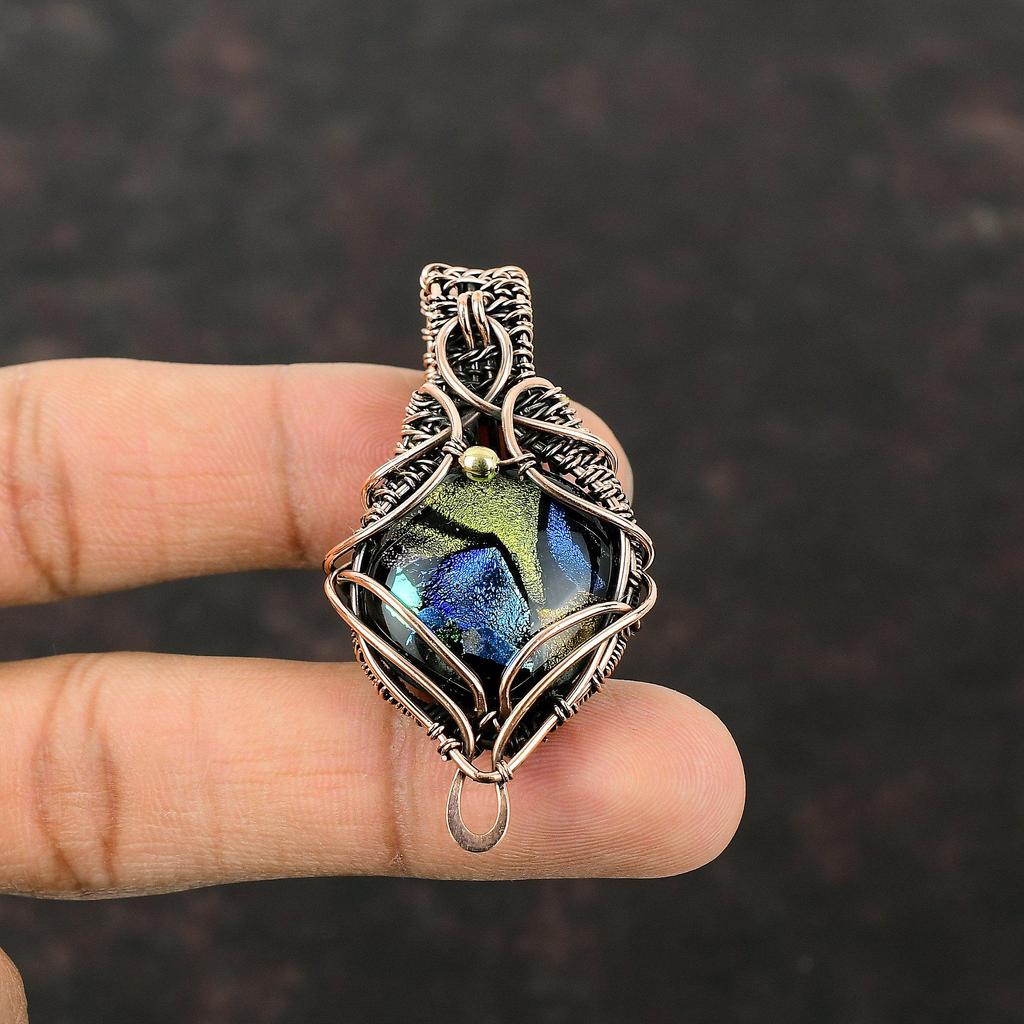 Amerikanischer Dichroitischer Glasanhänger Kupferdraht umwickelter Schmuck Edelsteinanhänger Handgefertigter Schmuck Kupferanhänger Geschenk für Ihn Drahtwickelanhänger