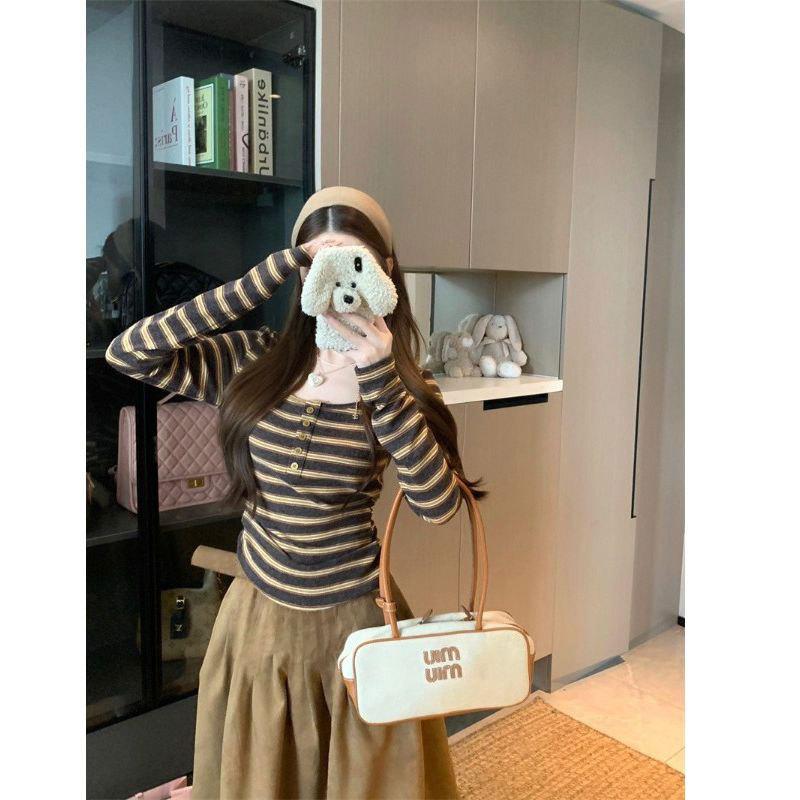 [Оригинальная кашемировая ткань] Дизайн Майяра базовая футболка с длинным рукавом женская осенняя новая повседневная полоски S