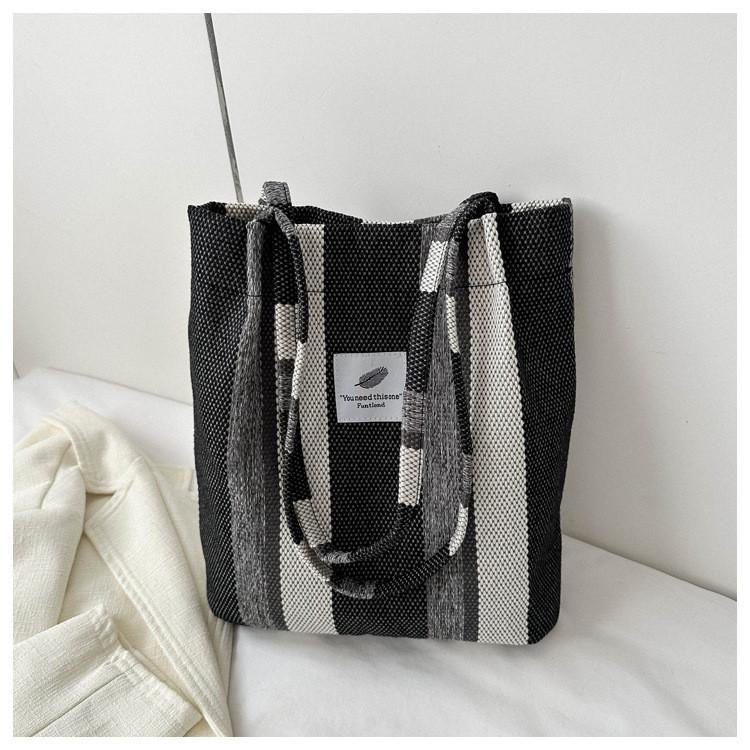 Striped Canvas Tote Bag 2023 Fall Fashion Large Capacity Casual Shoulder Bag
