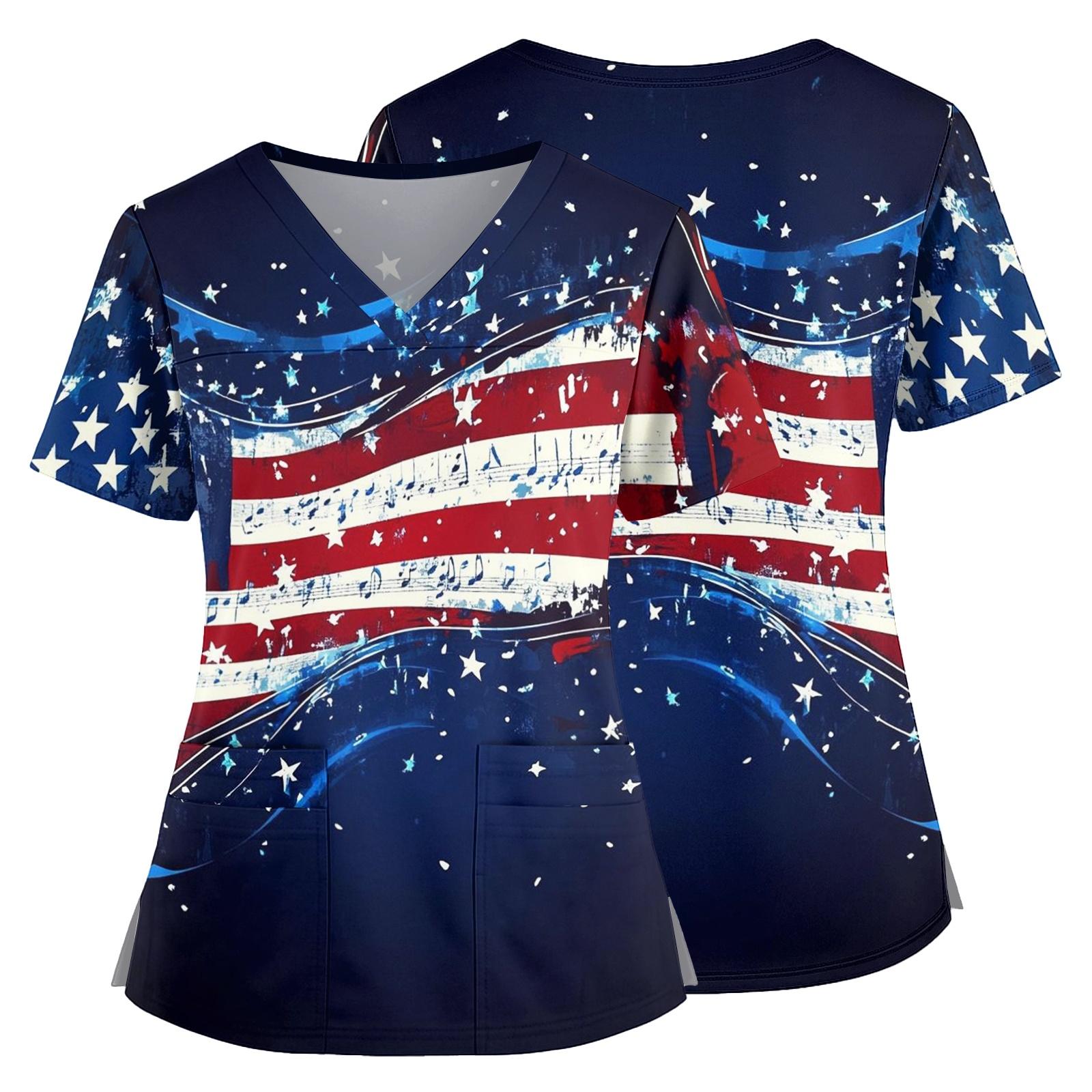 

Women Nurse Scrub Top V Neck Short Sleeve Side Slit with Pockets Independence Day Pattern Medical Uniform Shirt for Healthcare Professionals XXXXL