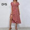 Summer Floral Maxi Dress for Women V Neck Short Sleeve Ruffle Hem Wrap Dress Boho Casual Split Flowy Beach Long Dress