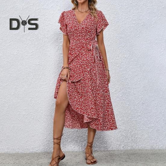 Summer Floral Maxi Dress for Women V Neck Short Sleeve Ruffle Hem Wrap Dress Boho Casual Split Flowy Beach Long Dress