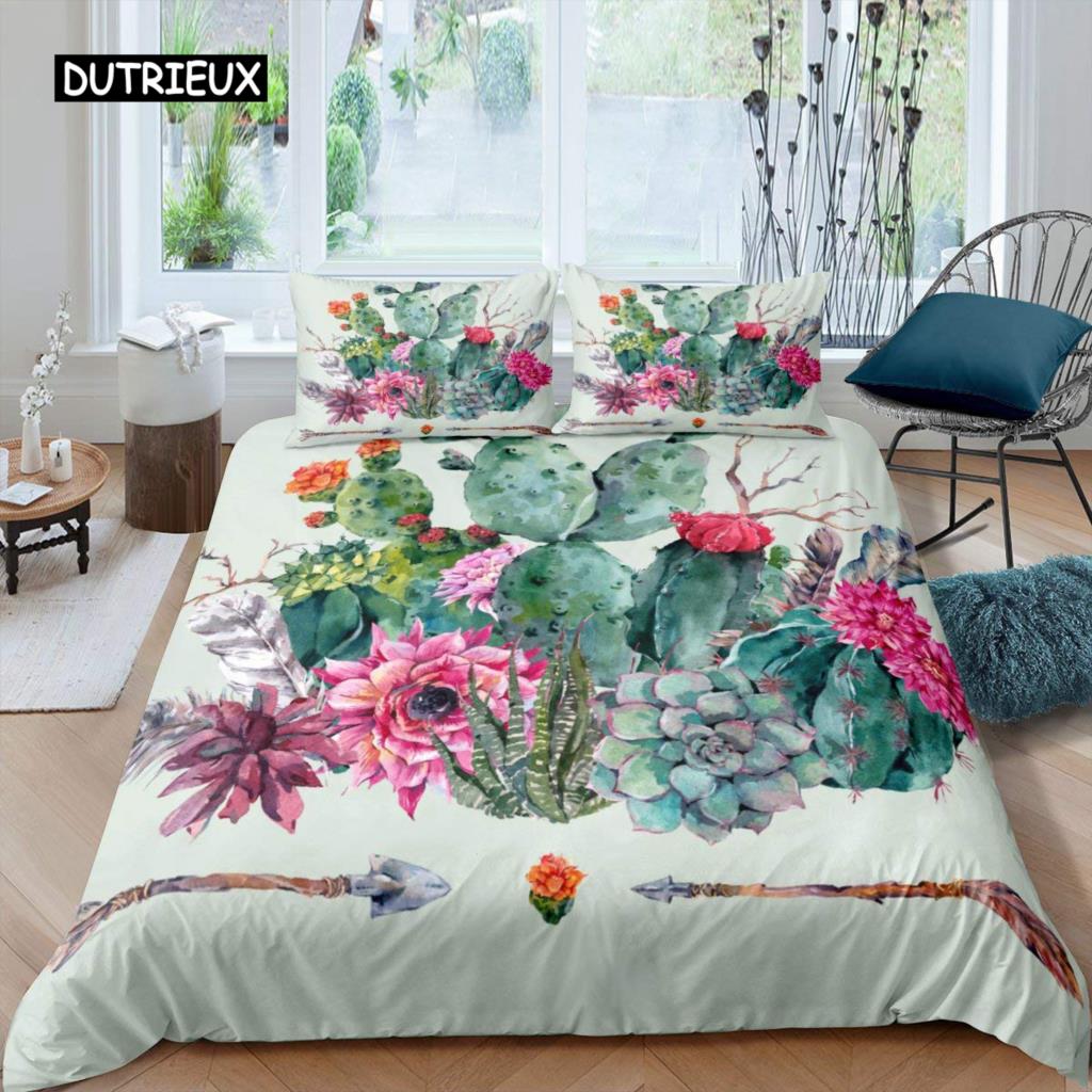 Cactus Duvet Cover Set King Size Hand Painted Style Bedding Set Nature Art Prints Comforter Cover Green Plant Cactus Quilt Cover