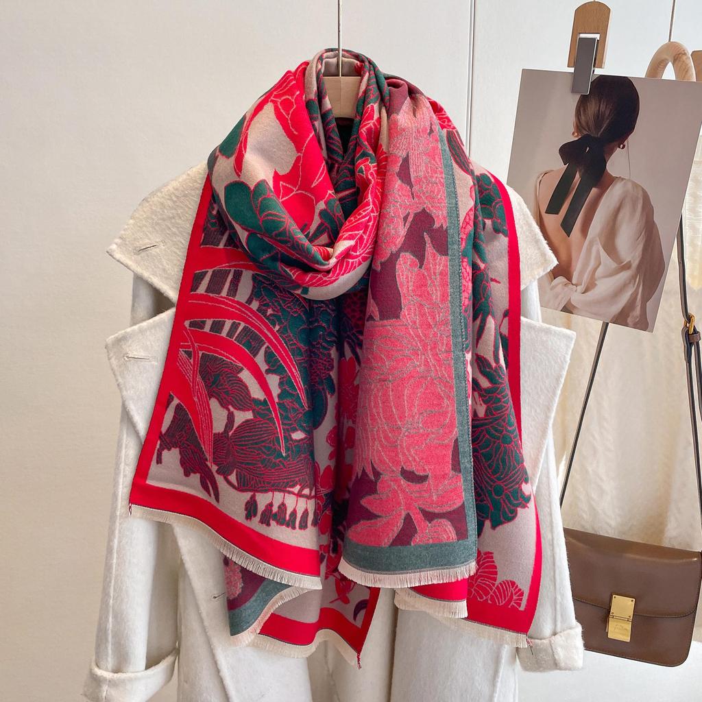 Korean Version Of Winter Imitation Cashmere Thickened Scarf High-End Simple And Elegant Flower Scarf Women'S Fashion Warm Versatile Shawl