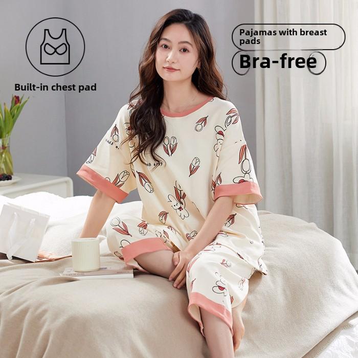 

2025 летняя женская пижама с нагрудником, мягкие свободные топы с коротким рукавом и брюки-капри, две части, одежда для сна, нижнее белье, домашняя одежда XXL