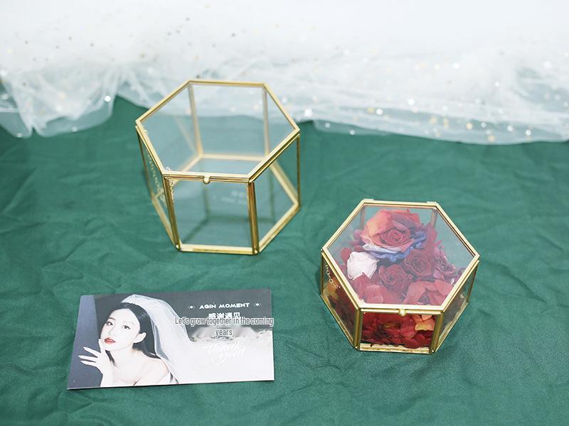 Hexagonal Engagement & Wedding Ring Box - Transparent Glass Jewelry Storage Gift Box