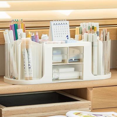 Doppelt drehbarer Schreibtisch-Organizer mit 3 Schubladen, 2 drehbaren Stifthaltern, 1 Aufbewahrungsbox oben, groß