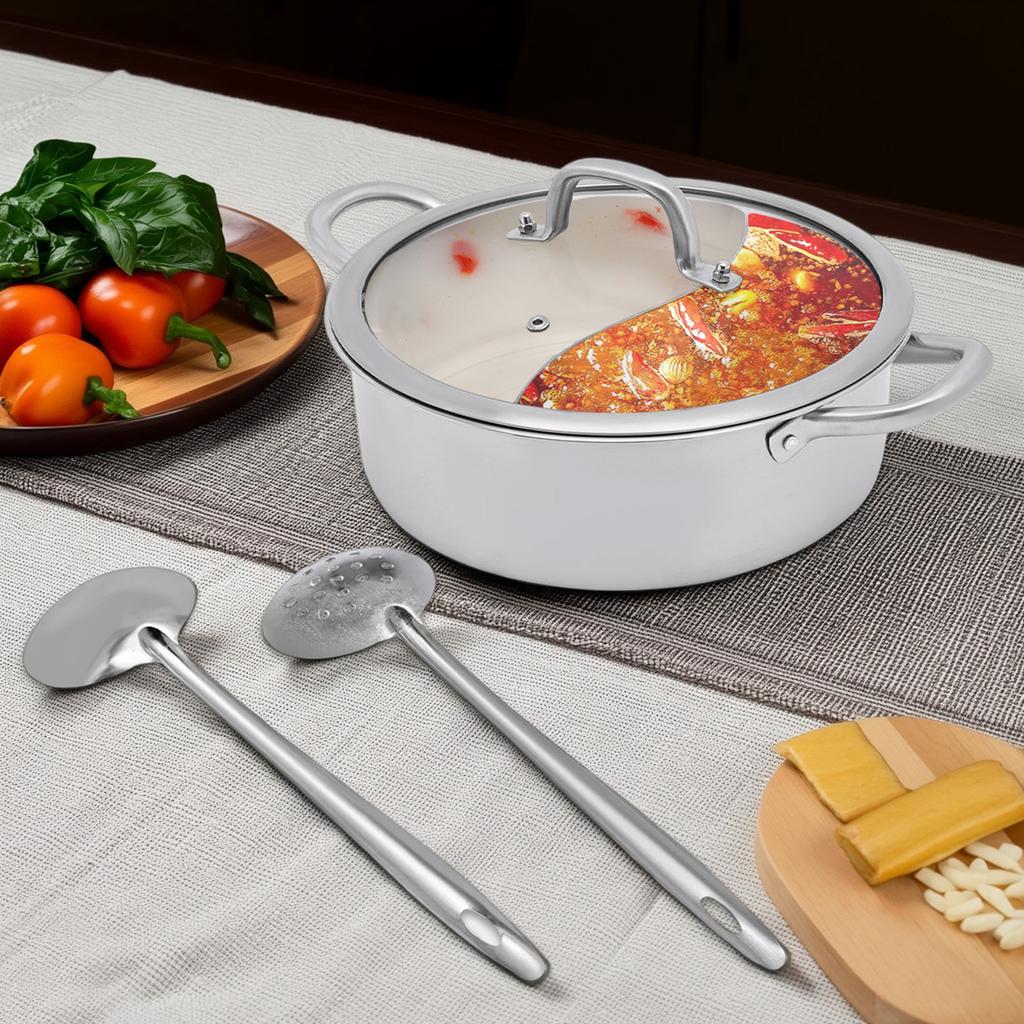 304 Stainless Steel Hotpot Pot 28cm Dual Chamber Pot with Ladle and Strainer Right Angle Design for Family Kitchen Cooking