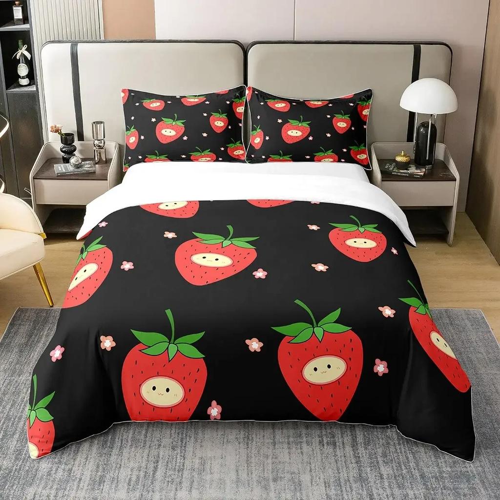 3Pcs Full Size Sweet Strawberry Bedding Set Duvet Cover for Kids Children Teens Comforter Cover Bed Room Decor Pink Quilt Cover
