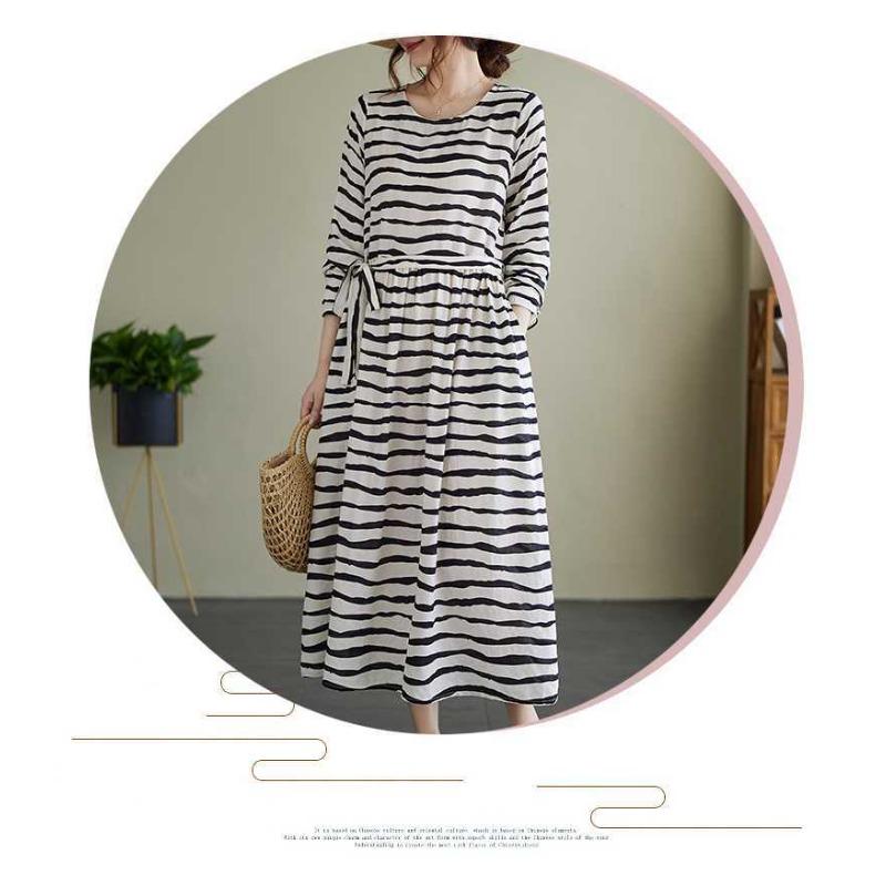 Vintage Literary Style Striped Printed Round Neck Long Sleeve Tie Dress