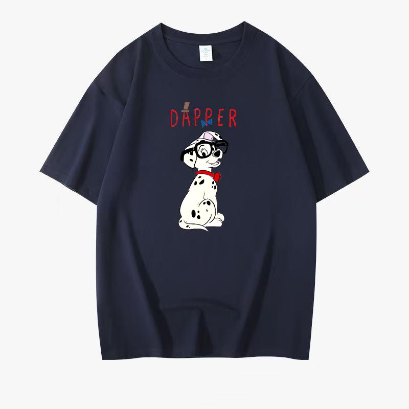 

Korean version simple spotted dog print base trendy T-shirt casual versatile slim fit short sleeved top 3XL темно-синий