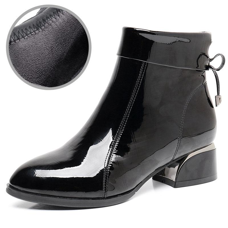 GKTINOO New Ankle Boots Women Pointed Toe Thick Heels Genuine Patent Leather Shoes Short Boots Soft Sole Footwear Plus Size 43