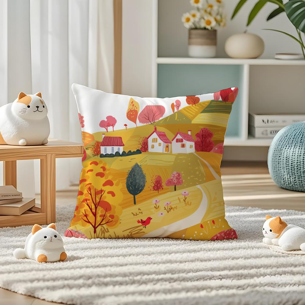Colorful Farm Painting Pillow Case Silky Elegant Comfort Sofa Bed Invisible Zipper