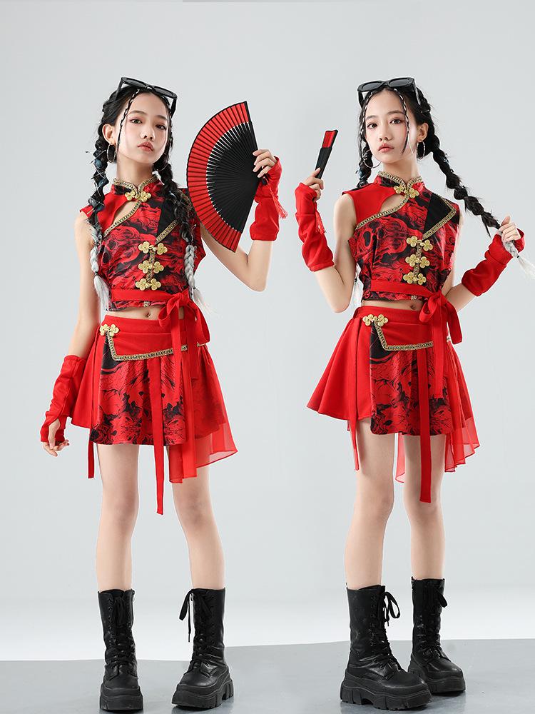 Chinese Red Dragon Jazz Dance Skirt Set - Girls' Fashion Show & Street Dance Costume