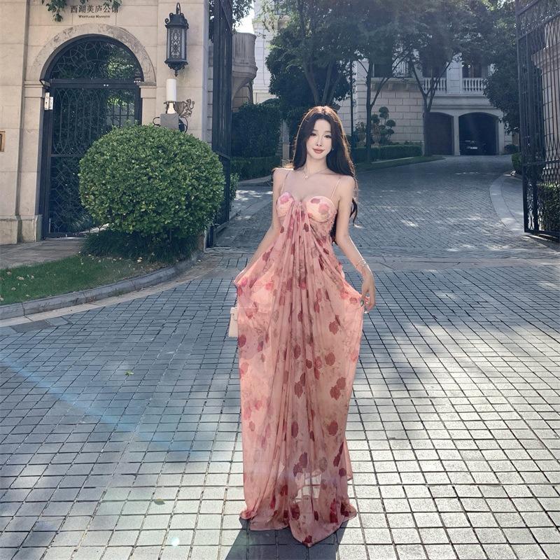 Hainan Seaside Vacation Long Dress French Green Printing Tie-dye Tube Top Suspender Dress Women Mopping The Floor