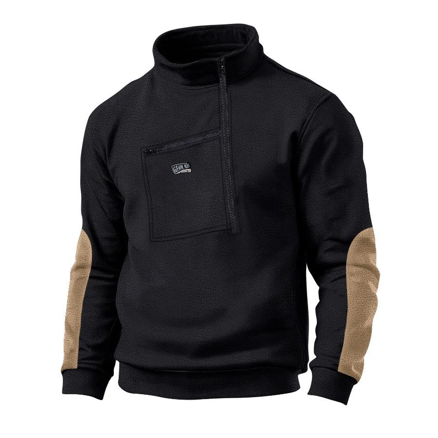 Men's Autumn and Winter Casual Winter Fleece Stand Collar Half Zip Long Sleeve Tactical Pocket Embroidered Hoodie Jumper