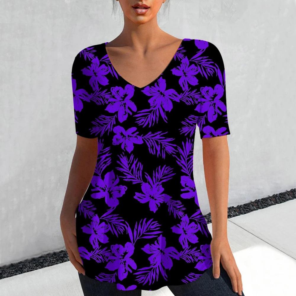 Fashion Floral Print 3D Printed Women's Casual V-neck Short Sleeved T-shirt