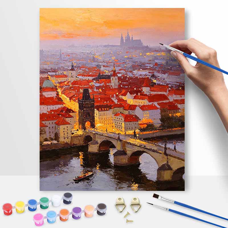DIY Digital Oil Painting Kit. DIY Adult Painting by Numbers Kit Sunset Prague Cityscape Art Gift Home Decor Wall Art