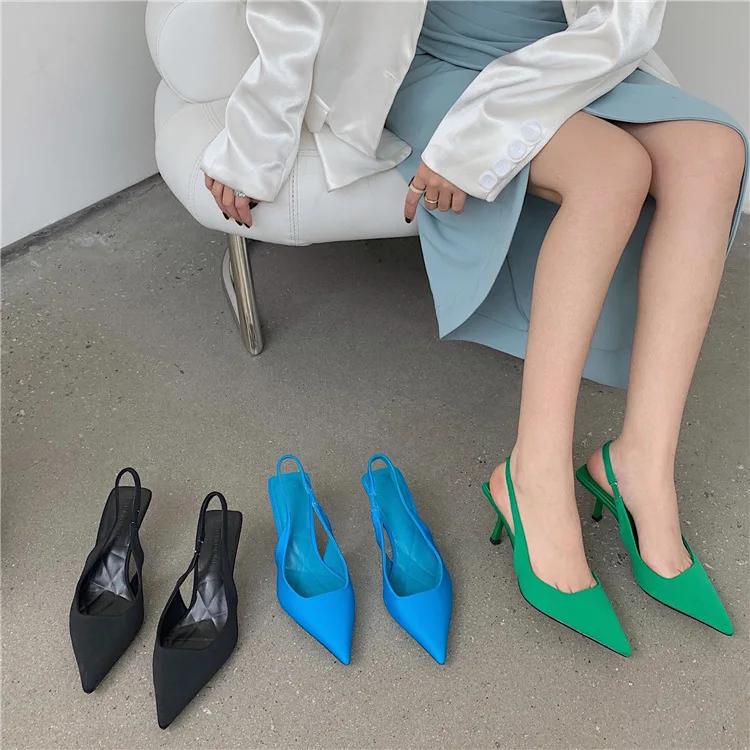 Women Simple Blue Slingback Pumps 2025 Summer Elegant Pointed Toe High Heels Shoes Woman Solid Thin Heel Sandals for Women