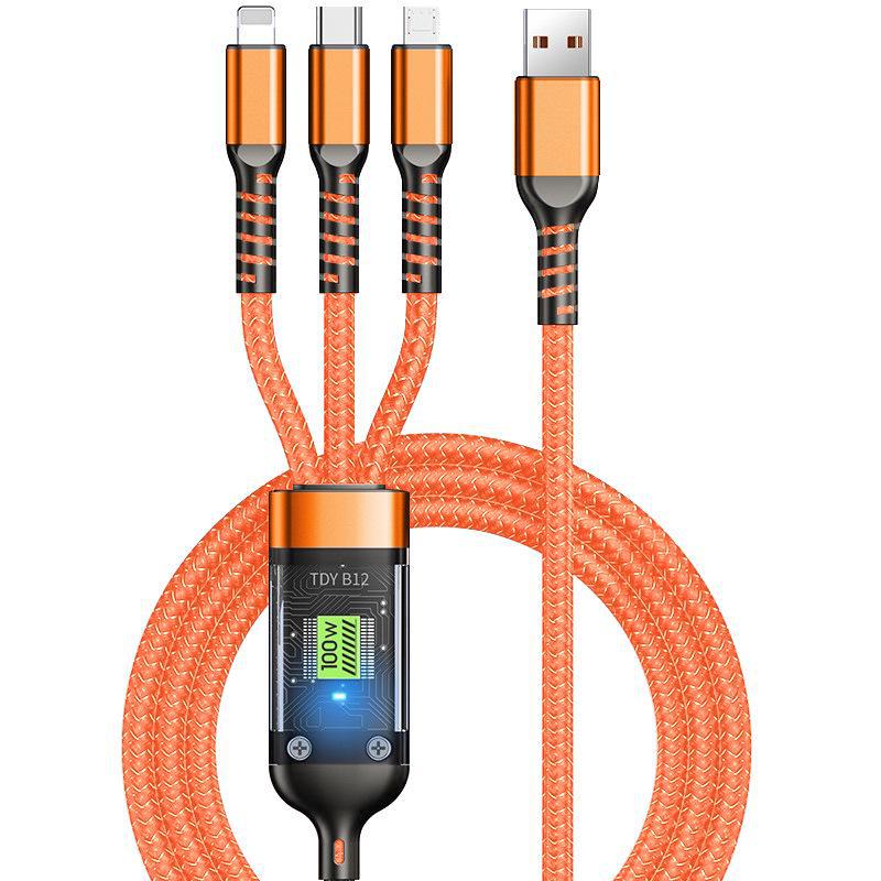 100W Crystal 3-in-1 Transparent Data Cable with Light Version