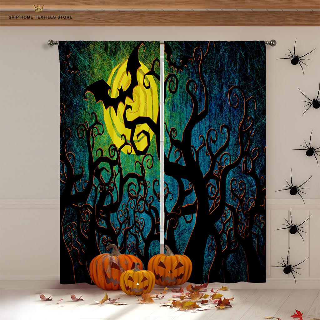 Halloween Horror Pumpkin Cartoon Print Curtains, Blackout, Heat Insulation, Restaurant, Bedroom, Party Decoration