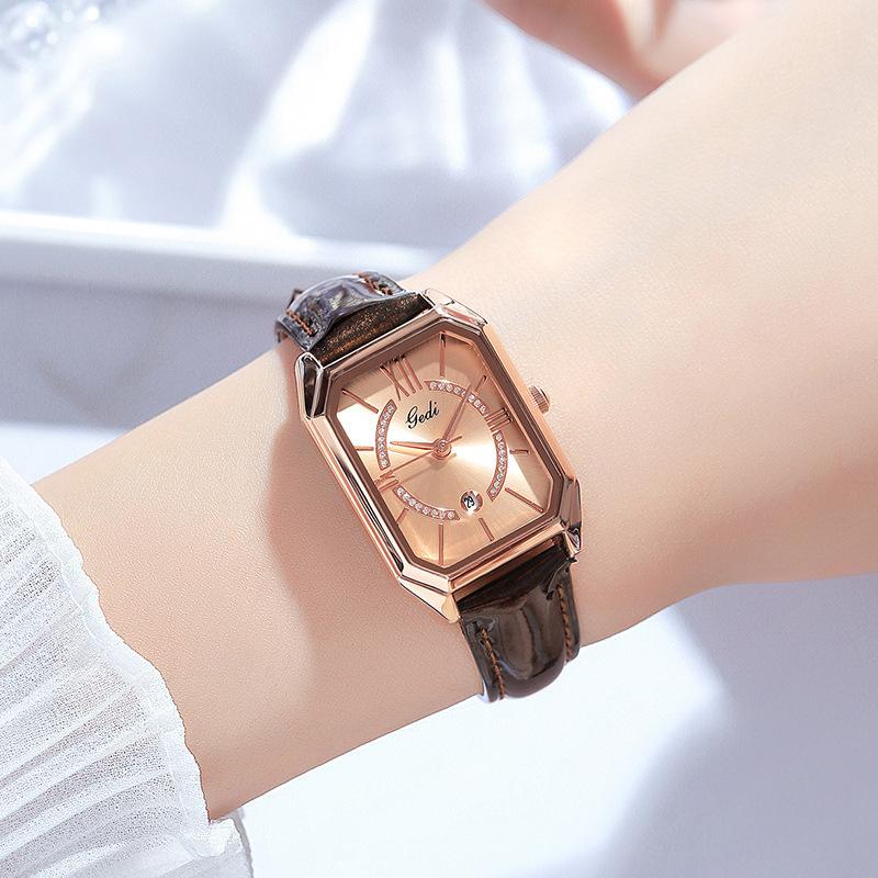 Small Square Plate Women'S Watch Light Luxury Temperament Calendar Women'S Watch Fashion First Layer Cowhide Strap Women'S Watch