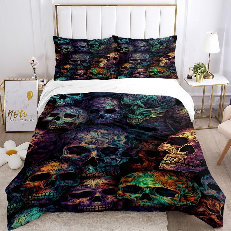 3pcs Skull Festival Bedding Set, Includes 1 Comforter + 2 Pillowcases, Without Pillow Inserts, Soft Comfortable, Lightweight Breathable096