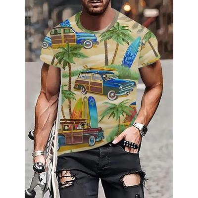 Men's Tropical Beach & Retro Cars Print Short Sleeve Crew Neck T-shirt For Men Casual Stylish Hawaiian T Shirt