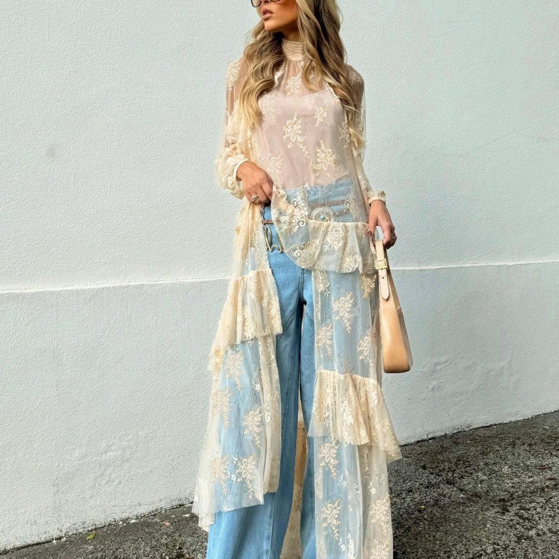 Women Sheer Long Sleeve Lace Duster Robe See Through Mesh Short Front Long Back Casual Flowy Top Asymmetrical Cover Ups S абрикосовый