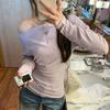 This High-end Button Slanted Shoulder Long-sleeved T-shirt Women's New Early Autumn Chic Off-shoulder Top