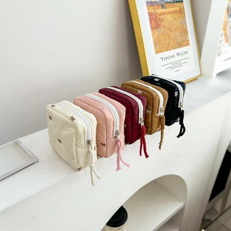 Quilted Mini Storage Bag Cute Bow Embroidery Soft Padded For Daily Travel Cosmetics Jewelry Small Items