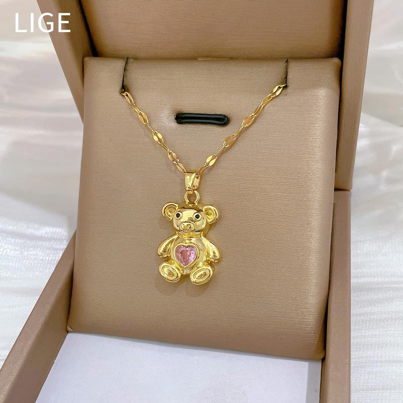 Rosa Dreidimensionaler Bär Leichter Luxus Temperament Wunderschöne Voll-Diamant-Halskette Damen Vielseitige Schlüsselbein-Kette Titanstahl-Kette
