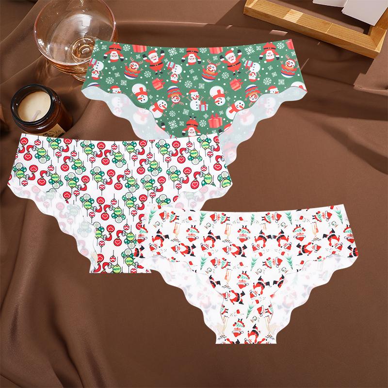 

FINETOO 3 шт./комплект рождественские трусики со снежинками и Санта-Клаусом сексуальное дышащее женское нижнее белье с низкой талией волнистые узоры трусики Счастливого Рождества S&Set