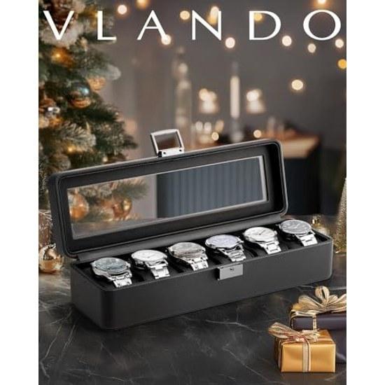 VLANDO watch case PU leather lockable key men 6 slots (black) made mens storage box accessory birthday gift