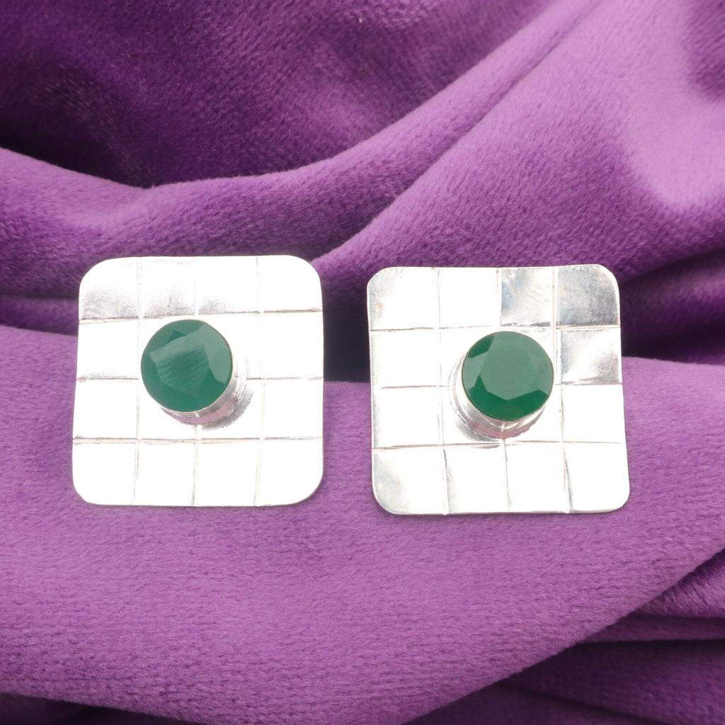 Round Natural Green Onyx Birthday Stud Mother Gift Earrings 925 Sterling Silver EE-146-15