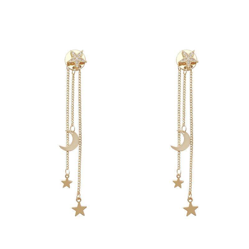 New Fashion Star Moon Tassel Drop Earrings for Women Rhinestone Stars Long Chain Earrings Girls Party Daily Jewelry Accessories